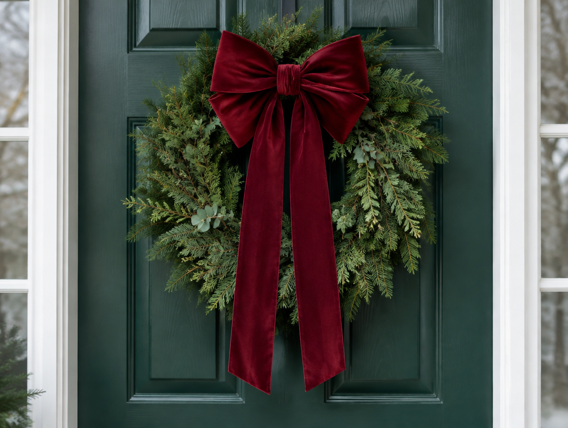 Evergreen wreath on a dark green front door with a large burgundy velvet bow