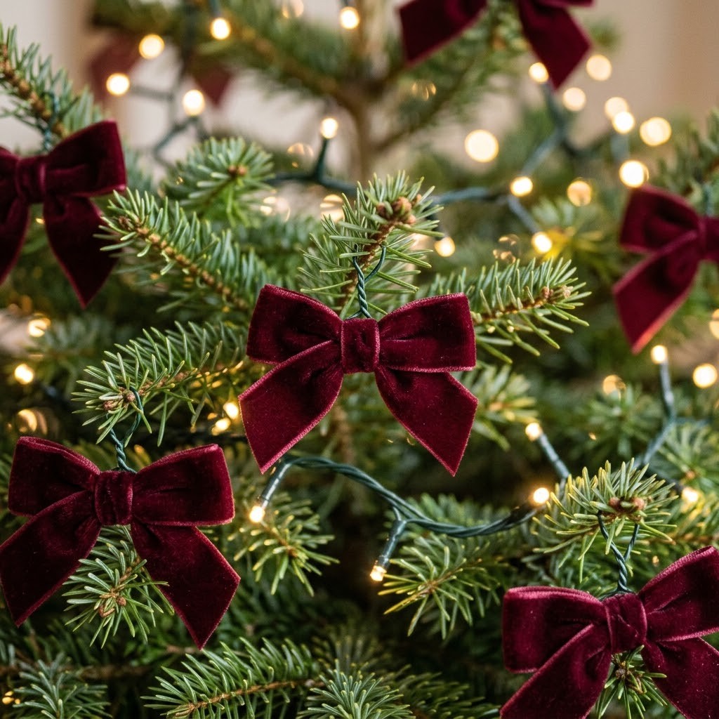 Small burgundy velvet bows tied on lit Christmas tree branches