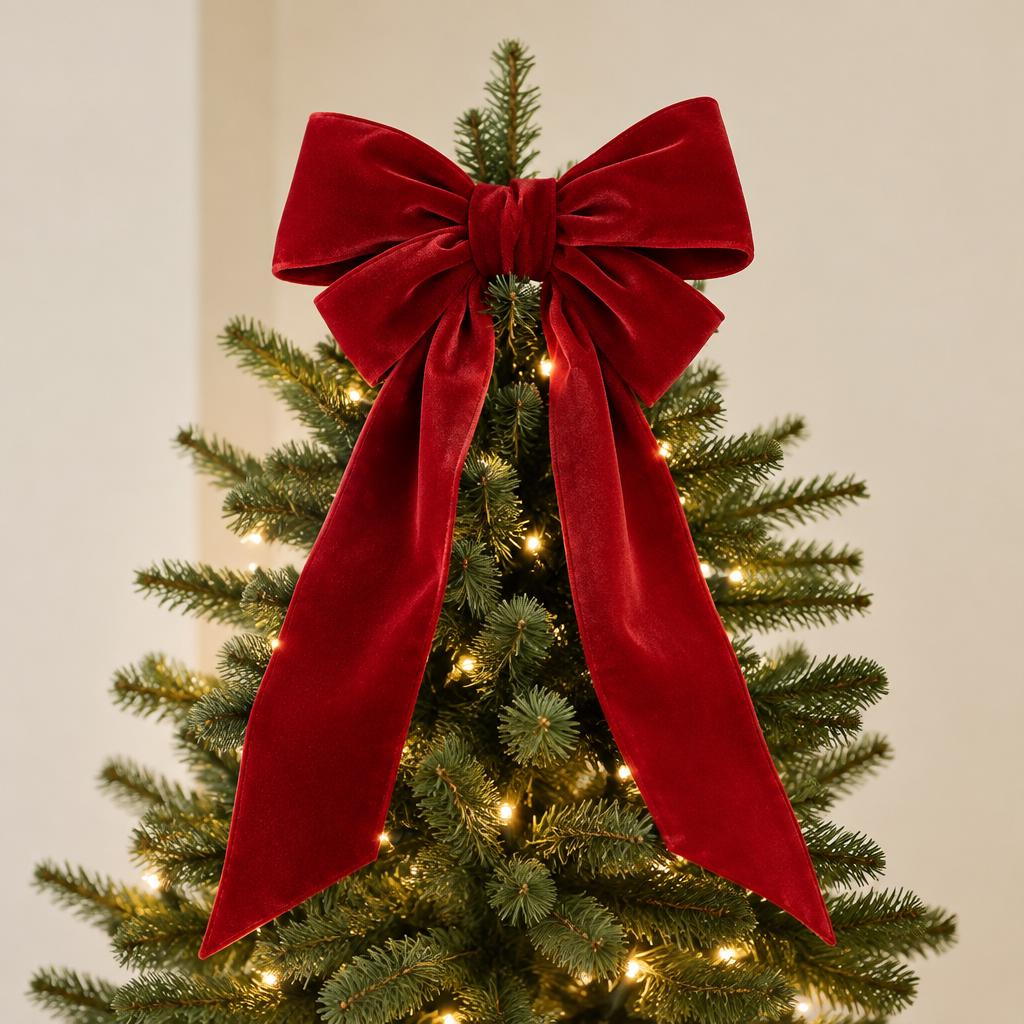 Large red velvet topper bow with two long tails draped over the top branches of a lit Christmas tree (illustration)