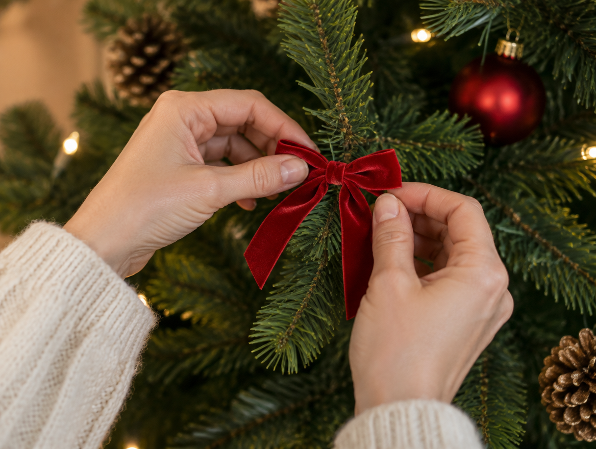 Hands in a cream sweater tying a small red velvet bow onto a Christmas tree branch