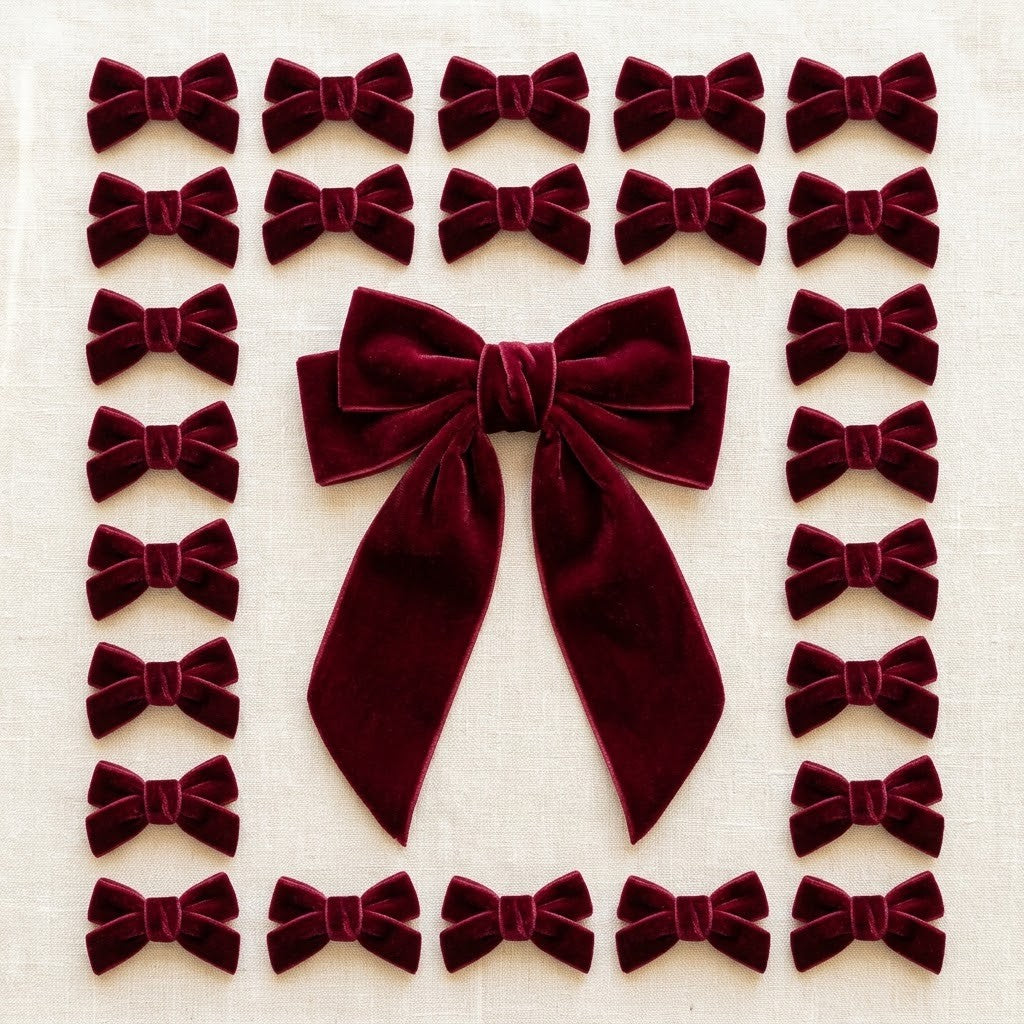 Burgundy Bow Tree Kit laid flat on cream linen: a large burgundy velvet topper bow with long tails surrounded by small burgundy velvet tree bows (illustration; kit contains 1 topper and 24 tree bows)