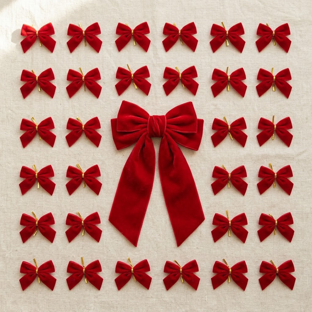Classic Red Bow Tree Kit laid flat on cream linen: a large red velvet topper bow with long tails surrounded by small red velvet tree bows (illustration; kit contains 1 topper and 24 tree bows)